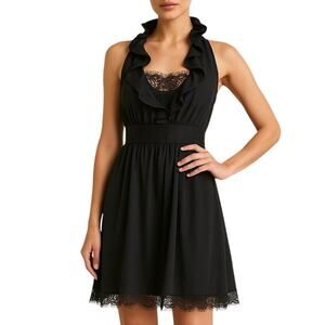 White House Black Market Sz 4 Halter Neck Ruffle Silk Dress Black Lace Cocktail